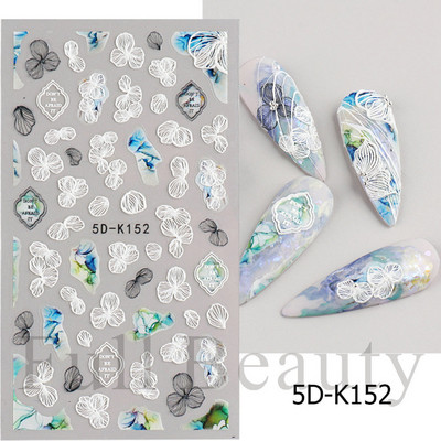 Αυτοκόλλητο νυχιών σε 5D λευκό ανάγλυφο λουλούδι, Χειμερινή χαραγμένη κόλλα σε γραμμή πεταλούδας, ολισθαίνοντα διακοσμητικό για μανικιούρ Decal NFSTZ-5D037