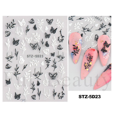 Αυτοκόλλητο νυχιών σε 5D λευκό ανάγλυφο λουλούδι, Χειμερινή χαραγμένη κόλλα σε γραμμή πεταλούδας, ολισθαίνοντα διακοσμητικό για μανικιούρ Decal NFSTZ-5D037