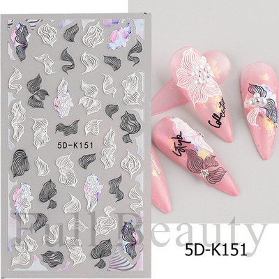 Αυτοκόλλητο νυχιών σε 5D λευκό ανάγλυφο λουλούδι, Χειμερινή χαραγμένη κόλλα σε γραμμή πεταλούδας, ολισθαίνοντα διακοσμητικό για μανικιούρ Decal NFSTZ-5D037