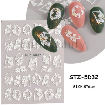 Αυτοκόλλητο νυχιών σε 5D λευκό ανάγλυφο λουλούδι, Χειμερινή χαραγμένη κόλλα σε γραμμή πεταλούδας, ολισθαίνοντα διακοσμητικό για μανικιούρ Decal NFSTZ-5D037