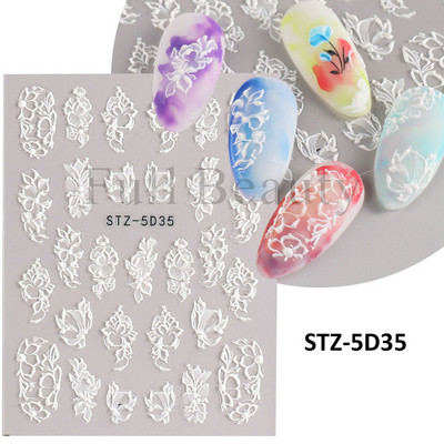 Αυτοκόλλητο νυχιών σε 5D λευκό ανάγλυφο λουλούδι, Χειμερινή χαραγμένη κόλλα σε γραμμή πεταλούδας, ολισθαίνοντα διακοσμητικό για μανικιούρ Decal NFSTZ-5D037