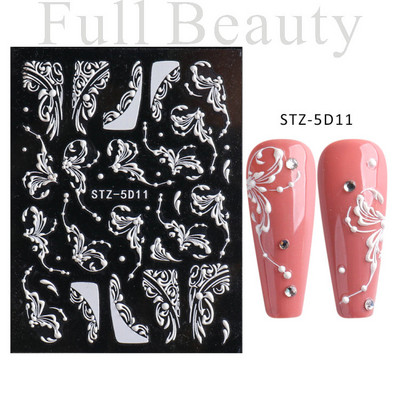 Αυτοκόλλητο νυχιών σε 5D λευκό ανάγλυφο λουλούδι, Χειμερινή χαραγμένη κόλλα σε γραμμή πεταλούδας, ολισθαίνοντα διακοσμητικό για μανικιούρ Decal NFSTZ-5D037