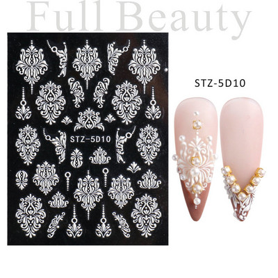 Αυτοκόλλητο νυχιών σε 5D λευκό ανάγλυφο λουλούδι, Χειμερινή χαραγμένη κόλλα σε γραμμή πεταλούδας, ολισθαίνοντα διακοσμητικό για μανικιούρ Decal NFSTZ-5D037