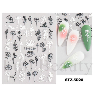 Αυτοκόλλητο νυχιών σε 5D λευκό ανάγλυφο λουλούδι, Χειμερινή χαραγμένη κόλλα σε γραμμή πεταλούδας, ολισθαίνοντα διακοσμητικό για μανικιούρ Decal NFSTZ-5D037