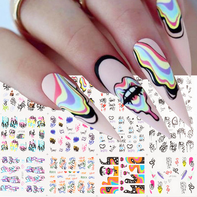 Vertikaalne Ombre Water Küünekleebiste Komplekt Neoon prantsuse maniküüri näpunäited Küünekleebis Gradiendikujundusega Südame keerised, lainelised liugurid NLJF85-94