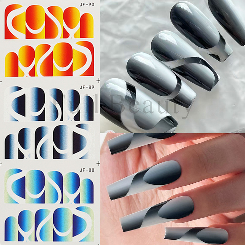 Vertikaalne Ombre Water Küünekleebiste Komplekt Neoon prantsuse maniküüri näpunäited Küünekleebis Gradiendikujundusega Südame keerised, lainelised liugurid NLJF85-94