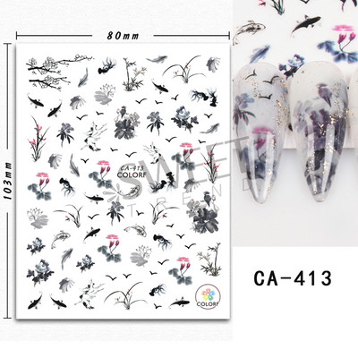 3D Lucky Koi Ponty Köröm Design Aranyhal Lótusz kínai stílusú újévi öntapadó matrica Scape akvarell manikűr fóliák matrica LYCA