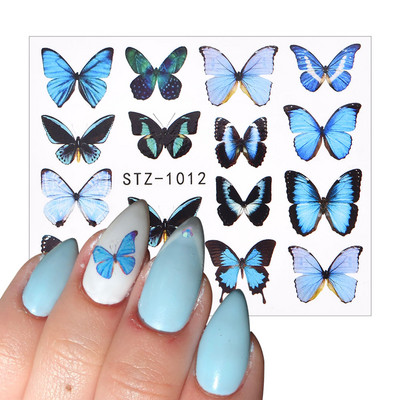 Τρισδιάστατη μπλε ακουαρέλα Πεταλούδα λουλούδια Αυτοκόλλητο Αυτοκόλλητα Αυτοκόλλητα Τατουάζ συρόμενοι περιτυλίγματα μανικιούρ Καλοκαιρινό θέμα Διακόσμηση νυχιών Χονδρική