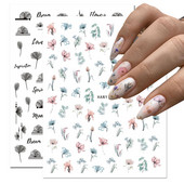 3D proljetna naljepnica za nokte Vodene boje Ružičasto Zeleno Bijelo cvijeće Dizajn Transfer Slider Naljepnice za lak za nokte Ukrasi za manikuru