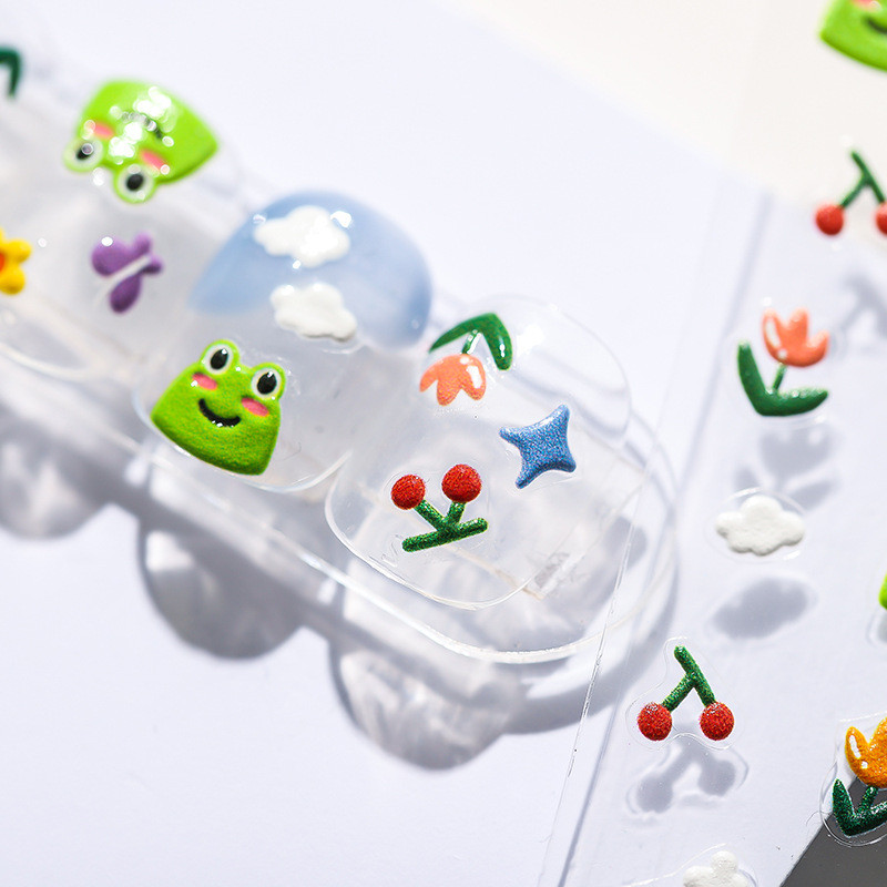 5D Rajzfilm Béka Raninbow és Virágok Körömmatricák Dombornyomott öntapadó csúszka körömgél lakk nyári manikűr dizájnhoz