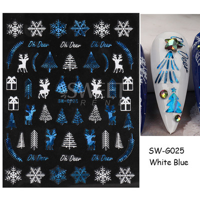 Τρισδιάστατα χριστουγεννιάτικα αυτοκόλλητα νυχιών Ολογραφικά Μπλε Λευκό Μπισκότο Άνδρας Χιονονιφάδα Άλκη Χειμώνας Πρωτοχρονιάτικο Διακόσμηση μανικιούρ με αυτοκόλλητα SLSW-G