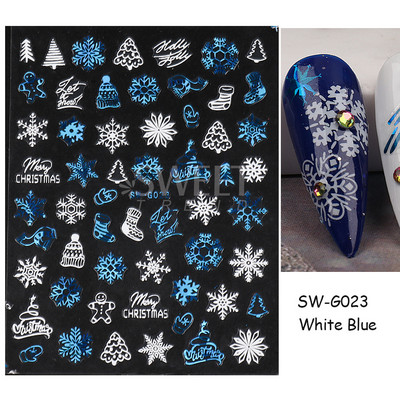 Τρισδιάστατα χριστουγεννιάτικα αυτοκόλλητα νυχιών Ολογραφικά Μπλε Λευκό Μπισκότο Άνδρας Χιονονιφάδα Άλκη Χειμώνας Πρωτοχρονιάτικο Διακόσμηση μανικιούρ με αυτοκόλλητα SLSW-G
