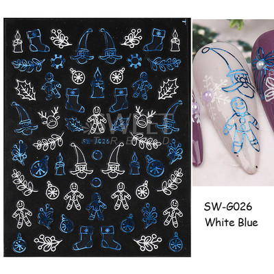 Τρισδιάστατα χριστουγεννιάτικα αυτοκόλλητα νυχιών Ολογραφικά Μπλε Λευκό Μπισκότο Άνδρας Χιονονιφάδα Άλκη Χειμώνας Πρωτοχρονιάτικο Διακόσμηση μανικιούρ με αυτοκόλλητα SLSW-G
