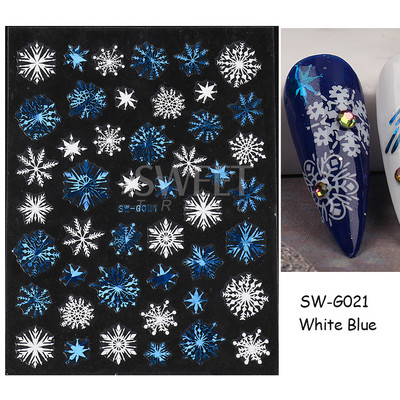 Τρισδιάστατα χριστουγεννιάτικα αυτοκόλλητα νυχιών Ολογραφικά Μπλε Λευκό Μπισκότο Άνδρας Χιονονιφάδα Άλκη Χειμώνας Πρωτοχρονιάτικο Διακόσμηση μανικιούρ με αυτοκόλλητα SLSW-G