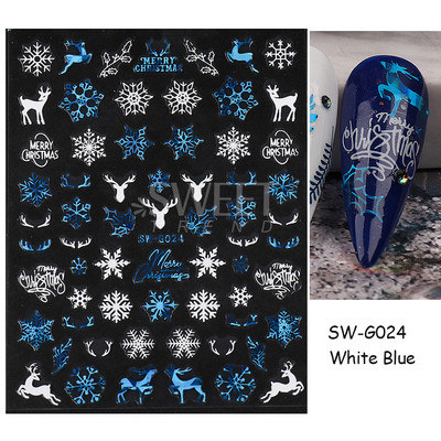 Τρισδιάστατα χριστουγεννιάτικα αυτοκόλλητα νυχιών Ολογραφικά Μπλε Λευκό Μπισκότο Άνδρας Χιονονιφάδα Άλκη Χειμώνας Πρωτοχρονιάτικο Διακόσμηση μανικιούρ με αυτοκόλλητα SLSW-G