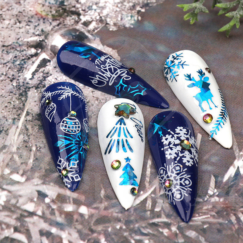 Τρισδιάστατα χριστουγεννιάτικα αυτοκόλλητα νυχιών Ολογραφικά Μπλε Λευκό Μπισκότο Άνδρας Χιονονιφάδα Άλκη Χειμώνας Πρωτοχρονιάτικο Διακόσμηση μανικιούρ με αυτοκόλλητα SLSW-G