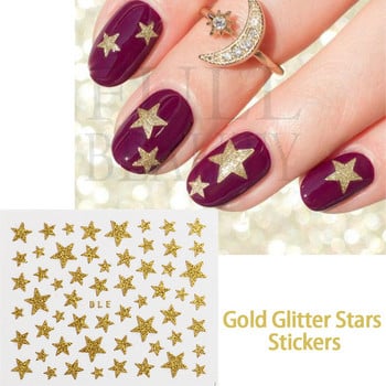 Sparkly Gold Glitter Stars Αυτοκόλλητα νυχιών Πρωτοχρονιάτικο γυαλιστερό ροζ ροζ μαύρο πεντάλφα τρισδιάστατα συρόμενα DIY Διακόσμηση μανικιούρ Decal #BLE