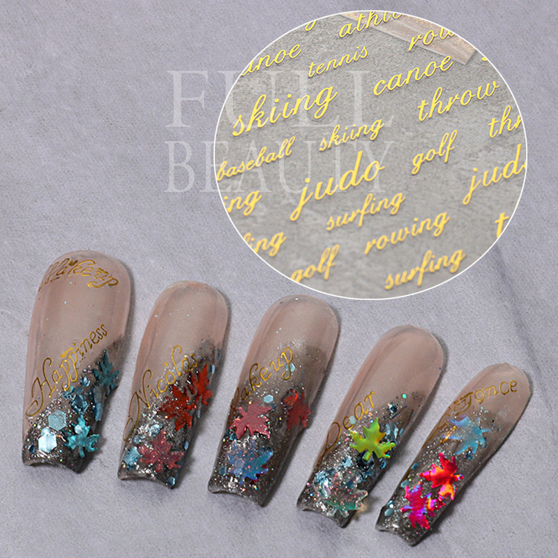 1tk Tekst Sõna Vene Inglise Küünte kleebised Must Valge Kuld Laser Armastusfraasi Kirjad 3D Maniküüri Kaunistus Liugurid #200-210