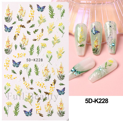 Kollane Mimosa 5D Küünekleebised Reljeefsed Lilled Küüned Kleebised Dekoratsioon Akrüül Liim Liugurid Kevadkarikakra maniküür LA5D-K228