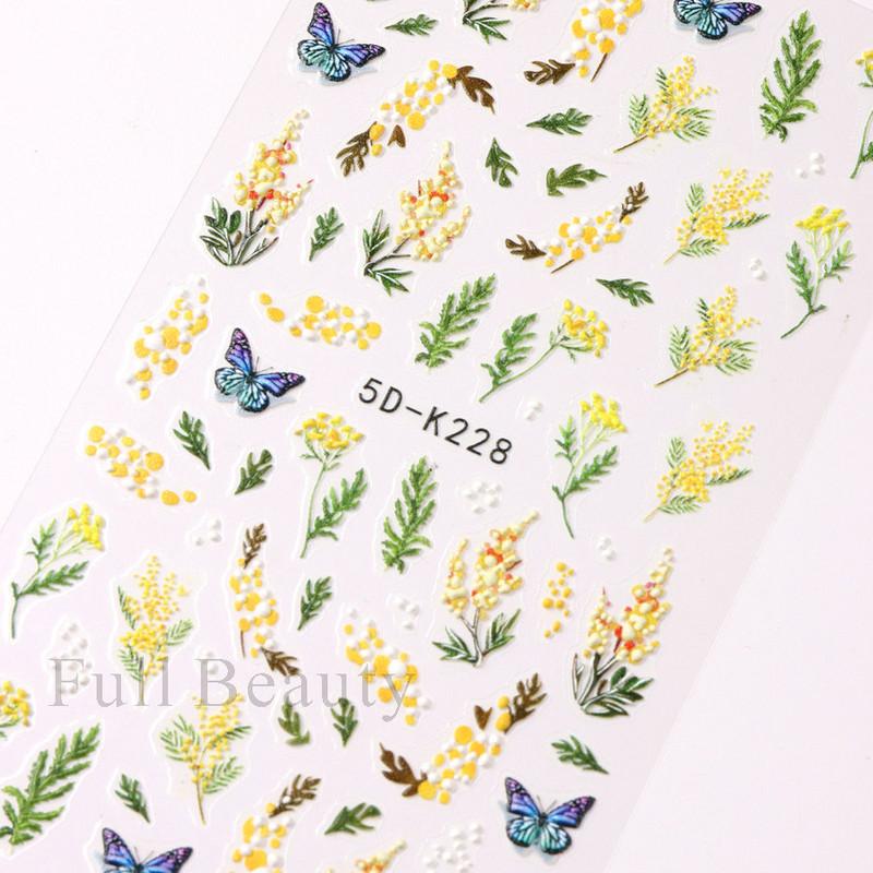 Kollane Mimosa 5D Küünekleebised Reljeefsed Lilled Küüned Kleebised Dekoratsioon Akrüül Liim Liugurid Kevadkarikakra maniküür LA5D-K228