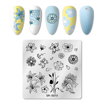 Mtssii küünetempliplaadid lilled puukell küünekunsti kujutis ristkülik ümmargune ruut templimall Lillegeomeetria teema