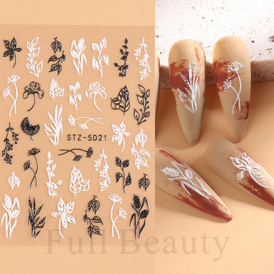 Αυτοκόλλητα νυχιών 5D Tulips White Camellia ανάγλυφο ανάγλυφο ορχιδέα Floral φύλλα λουλούδια σκαλιστά συρόμενα τζελ βερνίκι Decortion SASTZ-5D26