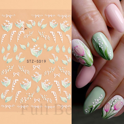 Αυτοκόλλητα νυχιών 5D Tulips White Camellia ανάγλυφο ανάγλυφο ορχιδέα Floral φύλλα λουλούδια σκαλιστά συρόμενα τζελ βερνίκι Decortion SASTZ-5D26