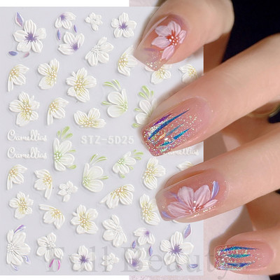Αυτοκόλλητα νυχιών 5D Tulips White Camellia ανάγλυφο ανάγλυφο ορχιδέα Floral φύλλα λουλούδια σκαλιστά συρόμενα τζελ βερνίκι Decortion SASTZ-5D26