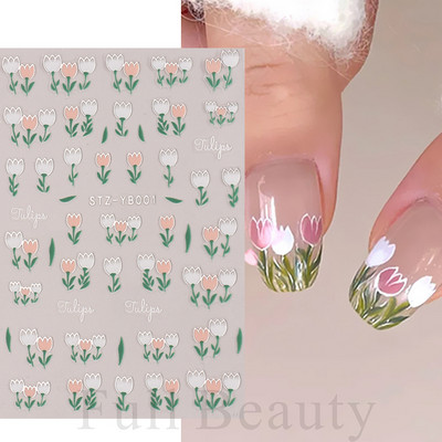 Αυτοκόλλητα νυχιών 5D Tulips White Camellia ανάγλυφο ανάγλυφο ορχιδέα Floral φύλλα λουλούδια σκαλιστά συρόμενα τζελ βερνίκι Decortion SASTZ-5D26