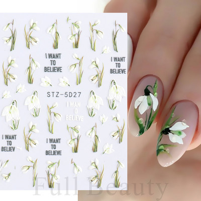 Αυτοκόλλητα νυχιών 5D Tulips White Camellia ανάγλυφο ανάγλυφο ορχιδέα Floral φύλλα λουλούδια σκαλιστά συρόμενα τζελ βερνίκι Decortion SASTZ-5D26