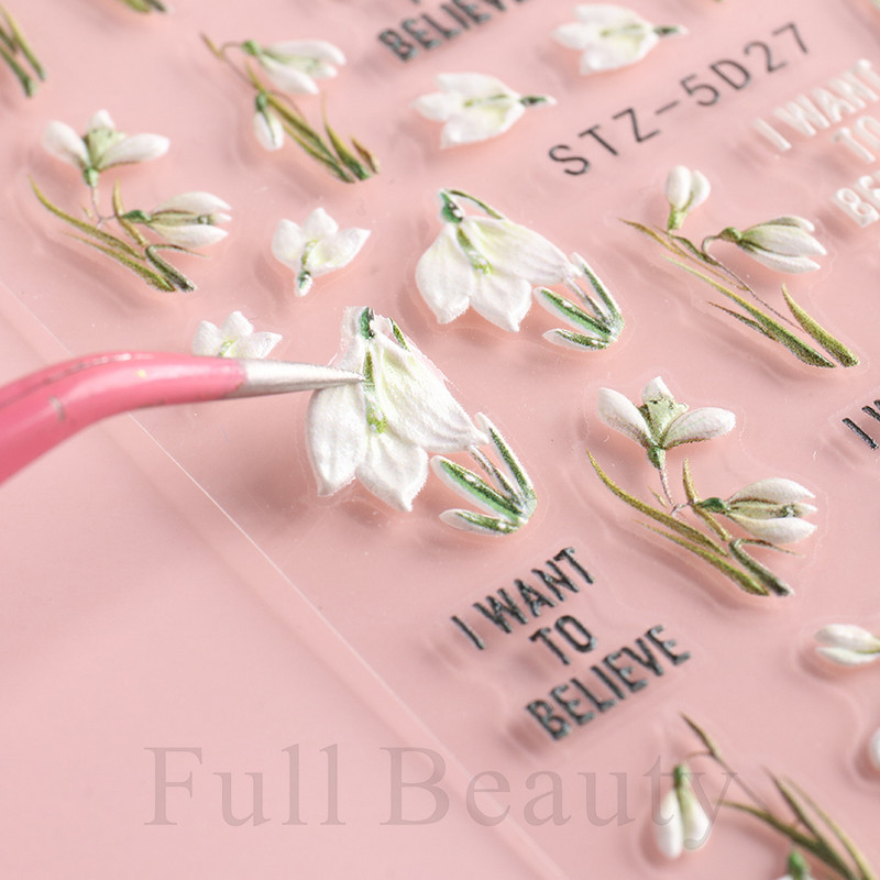 Αυτοκόλλητα νυχιών 5D Tulips White Camellia ανάγλυφο ανάγλυφο ορχιδέα Floral φύλλα λουλούδια σκαλιστά συρόμενα τζελ βερνίκι Decortion SASTZ-5D26