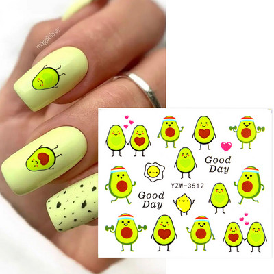 Anime Avocado Fruit Transfer Naljepnice za nokte Charms Ljeto Voda Naljepnica Za nokte Klizači Slika karaktera Tattoo Decal Decoration