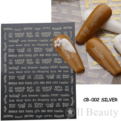 Μαύρο ασημί αστέρι 3D αυτοκόλλητο νυχιών Χρυσή καρδιά Αγγλικά γράμματα Εικόνα Αυτοκόλλητο συρόμενο φύλλο χειμερινού μανικιούρ Νυχιών Διακόσμηση NFCB