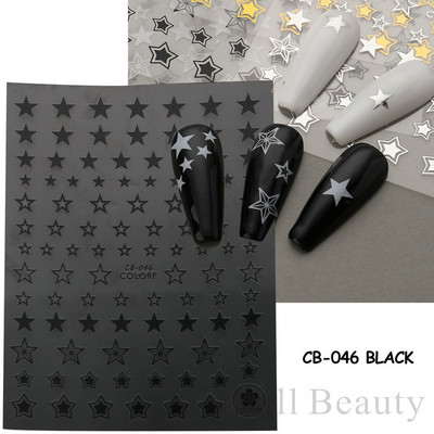 Μαύρο ασημί αστέρι 3D αυτοκόλλητο νυχιών Χρυσή καρδιά Αγγλικά γράμματα Εικόνα Αυτοκόλλητο συρόμενο φύλλο χειμερινού μανικιούρ Νυχιών Διακόσμηση NFCB