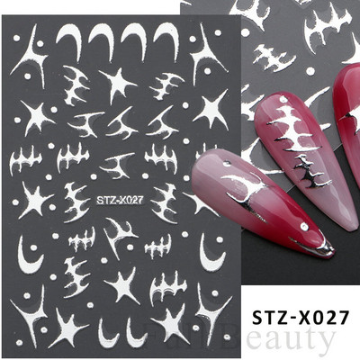 Μαύρο ασημί αστέρι 3D αυτοκόλλητο νυχιών Χρυσή καρδιά Αγγλικά γράμματα Εικόνα Αυτοκόλλητο συρόμενο φύλλο χειμερινού μανικιούρ Νυχιών Διακόσμηση NFCB