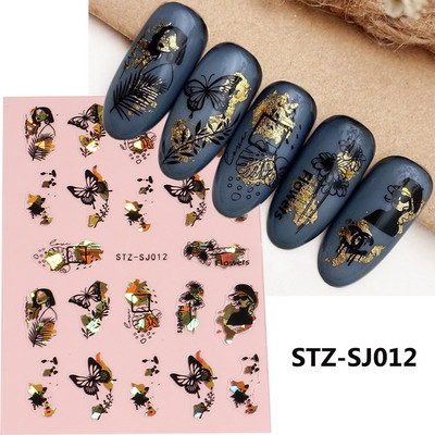 Μαύρο ασημί αστέρι 3D αυτοκόλλητο νυχιών Χρυσή καρδιά Αγγλικά γράμματα Εικόνα Αυτοκόλλητο συρόμενο φύλλο χειμερινού μανικιούρ Νυχιών Διακόσμηση NFCB