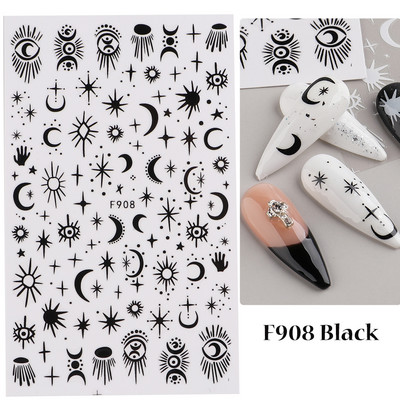 Μαύρο ασημί αστέρι 3D αυτοκόλλητο νυχιών Χρυσή καρδιά Αγγλικά γράμματα Εικόνα Αυτοκόλλητο συρόμενο φύλλο χειμερινού μανικιούρ Νυχιών Διακόσμηση NFCB