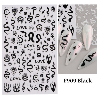 Μαύρο ασημί αστέρι 3D αυτοκόλλητο νυχιών Χρυσή καρδιά Αγγλικά γράμματα Εικόνα Αυτοκόλλητο συρόμενο φύλλο χειμερινού μανικιούρ Νυχιών Διακόσμηση NFCB