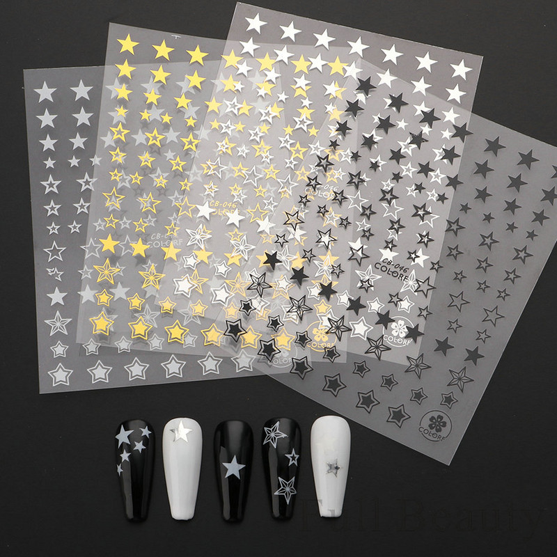 Μαύρο ασημί αστέρι 3D αυτοκόλλητο νυχιών Χρυσή καρδιά Αγγλικά γράμματα Εικόνα Αυτοκόλλητο συρόμενο φύλλο χειμερινού μανικιούρ Νυχιών Διακόσμηση NFCB