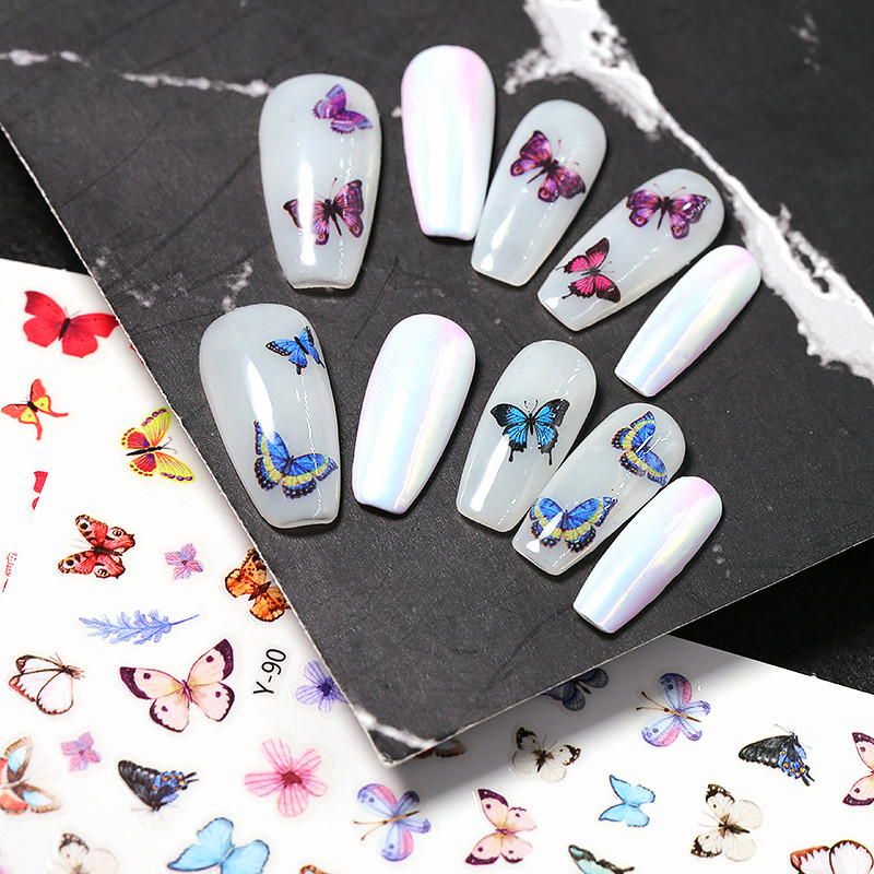 1 foaie de autocolante 3D pentru unghii Fluture albastru Flori Frunze Glisoare de transfer Wraps Manichiura Folii de unghii Decal artă Decorații DIY