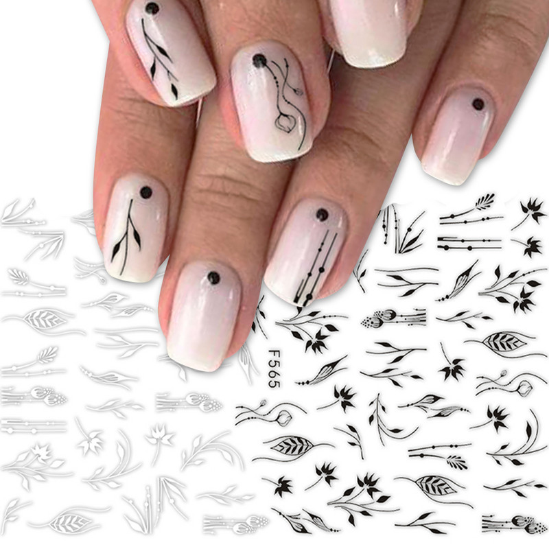 1 τμχ συρόμενο αλουμινόχαρτο 3D αυτοκόλλητο μαύρο άσπρο φυτό με φύλλα λουλούδια Αυτοκόλλητα για μανικιούρ Περιτύλιγμα Flake Nail Art Αξεσουάρ LAF564-573
