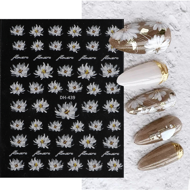 3D küünekleebised valged lilled karikakrad lilled Lehed kleebised elegantsed küünekleebised kleepuvad liugurid võlusid maniküüri kaunistused TRDH439