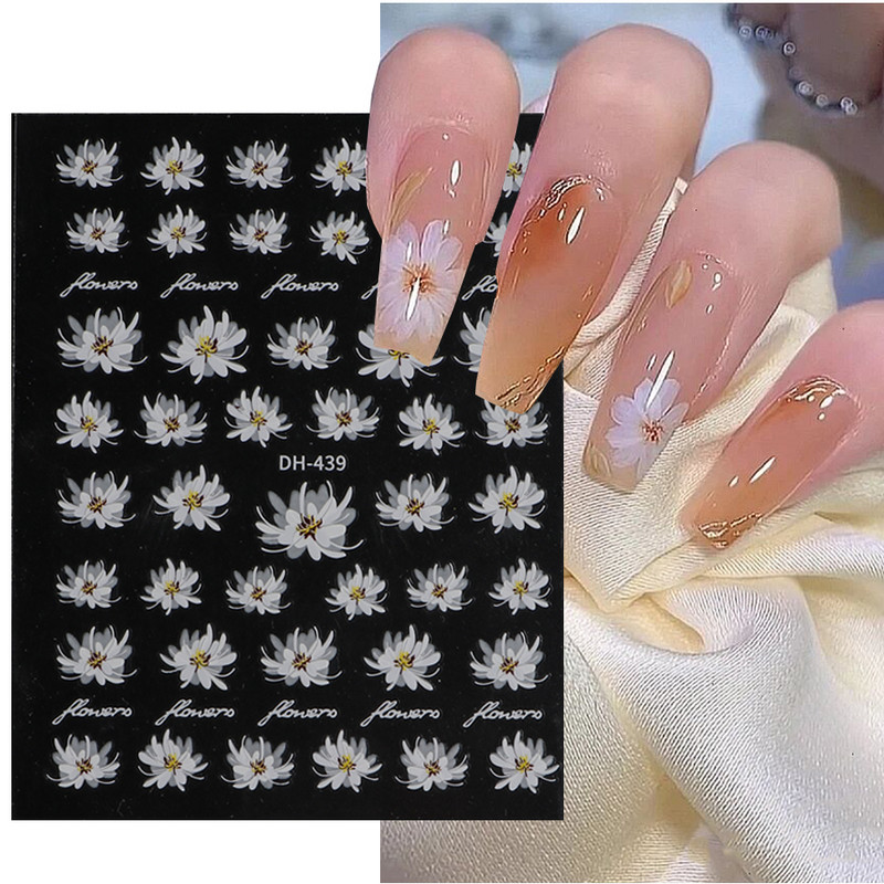 3D küünekleebised valged lilled karikakrad lilled Lehed kleebised elegantsed küünekleebised kleepuvad liugurid võlusid maniküüri kaunistused TRDH439