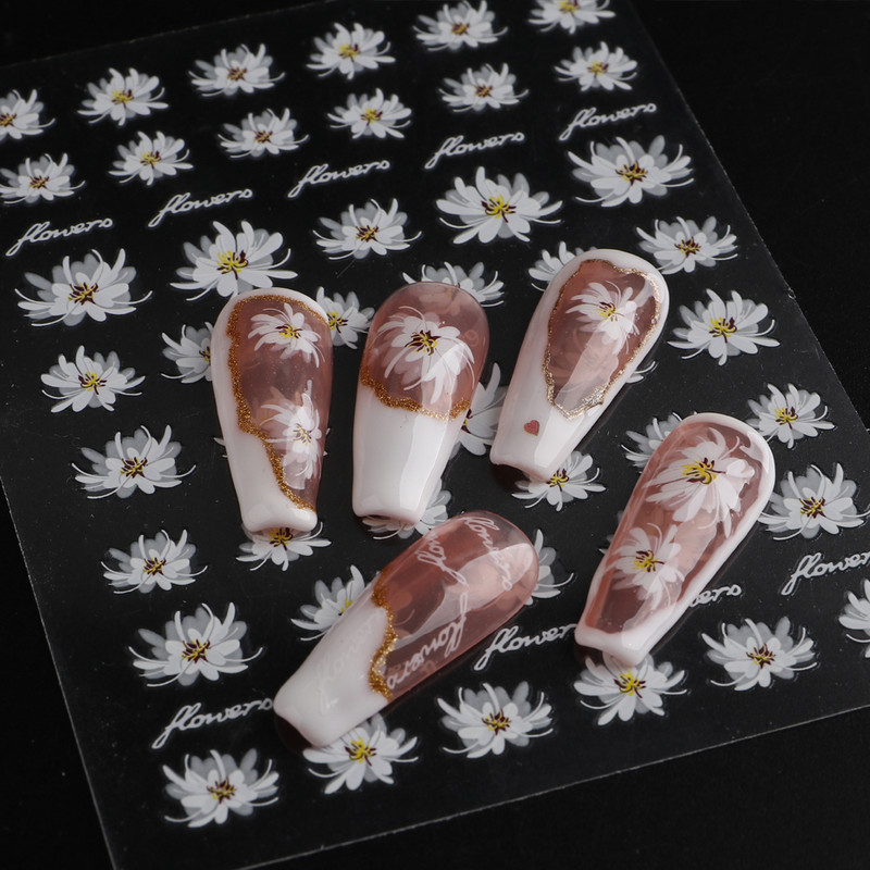 3D küünekleebised valged lilled karikakrad lilled Lehed kleebised elegantsed küünekleebised kleepuvad liugurid võlusid maniküüri kaunistused TRDH439