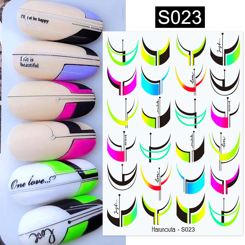 Harunouta ροζ γυμνό γαλλικό αυτοκόλλητο νυχιών 3D γραμμή καρδιών κυμάτων λουλουδιών γεωμετρικά συρόμενα μανικιούρ Διακόσμηση νυχιών