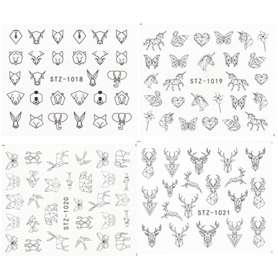 Fekete állati geometria köröm víz matricák Deer Fox Pig csúszka matrica köröm minták DIY lakk manikűr kiegészítők CHSTZ1018-1021