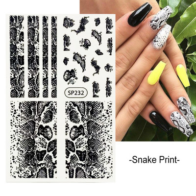 Μαύρα αυτοκόλλητα με τύπωμα λεοπάρδαλης φιδιού Ζώο τρίχας αγελάδας Ζέβρα γούρι για νύχια Αυτοκόλλητο συρόμενο μανικιούρ με αυτοκόλλητα στα νύχια BESP222-233