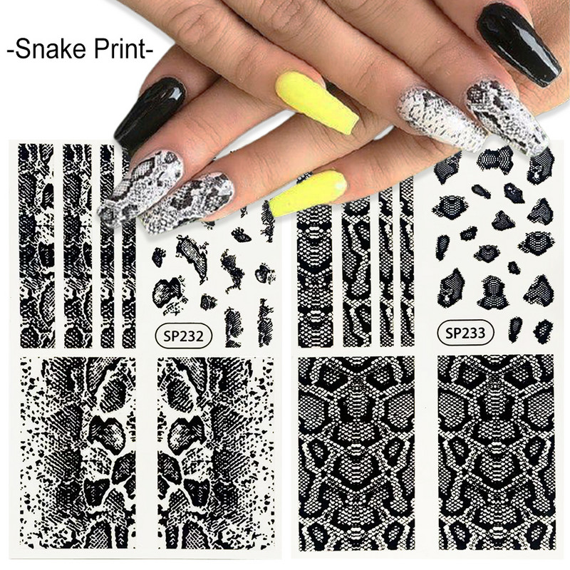Μαύρα αυτοκόλλητα με τύπωμα λεοπάρδαλης φιδιού Ζώο τρίχας αγελάδας Ζέβρα γούρι για νύχια Αυτοκόλλητο συρόμενο μανικιούρ με αυτοκόλλητα στα νύχια BESP222-233