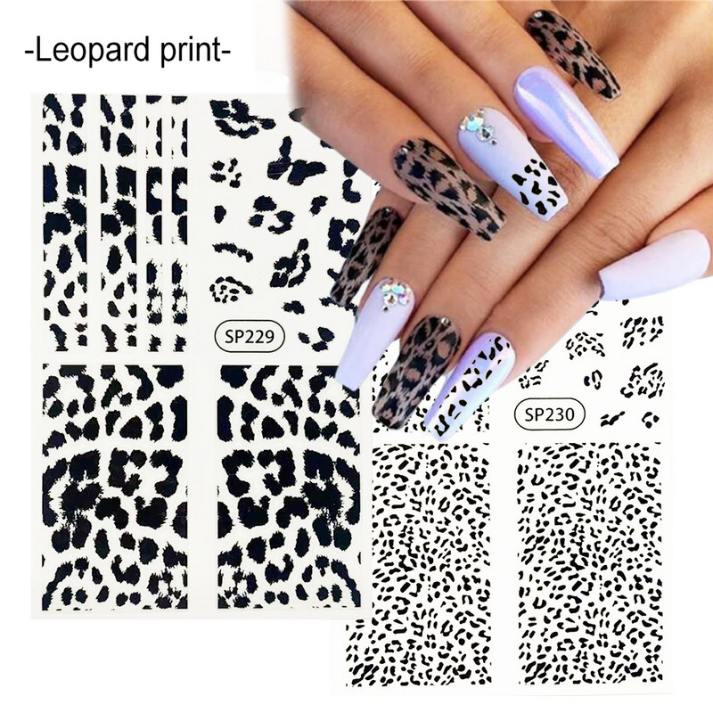 Μαύρα αυτοκόλλητα με τύπωμα λεοπάρδαλης φιδιού Ζώο τρίχας αγελάδας Ζέβρα γούρι για νύχια Αυτοκόλλητο συρόμενο μανικιούρ με αυτοκόλλητα στα νύχια BESP222-233