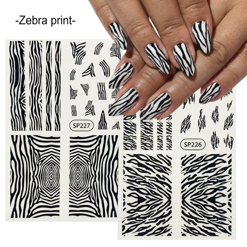 Μαύρα αυτοκόλλητα με τύπωμα λεοπάρδαλης φιδιού Ζώο τρίχας αγελάδας Ζέβρα γούρι για νύχια Αυτοκόλλητο συρόμενο μανικιούρ με αυτοκόλλητα στα νύχια BESP222-233